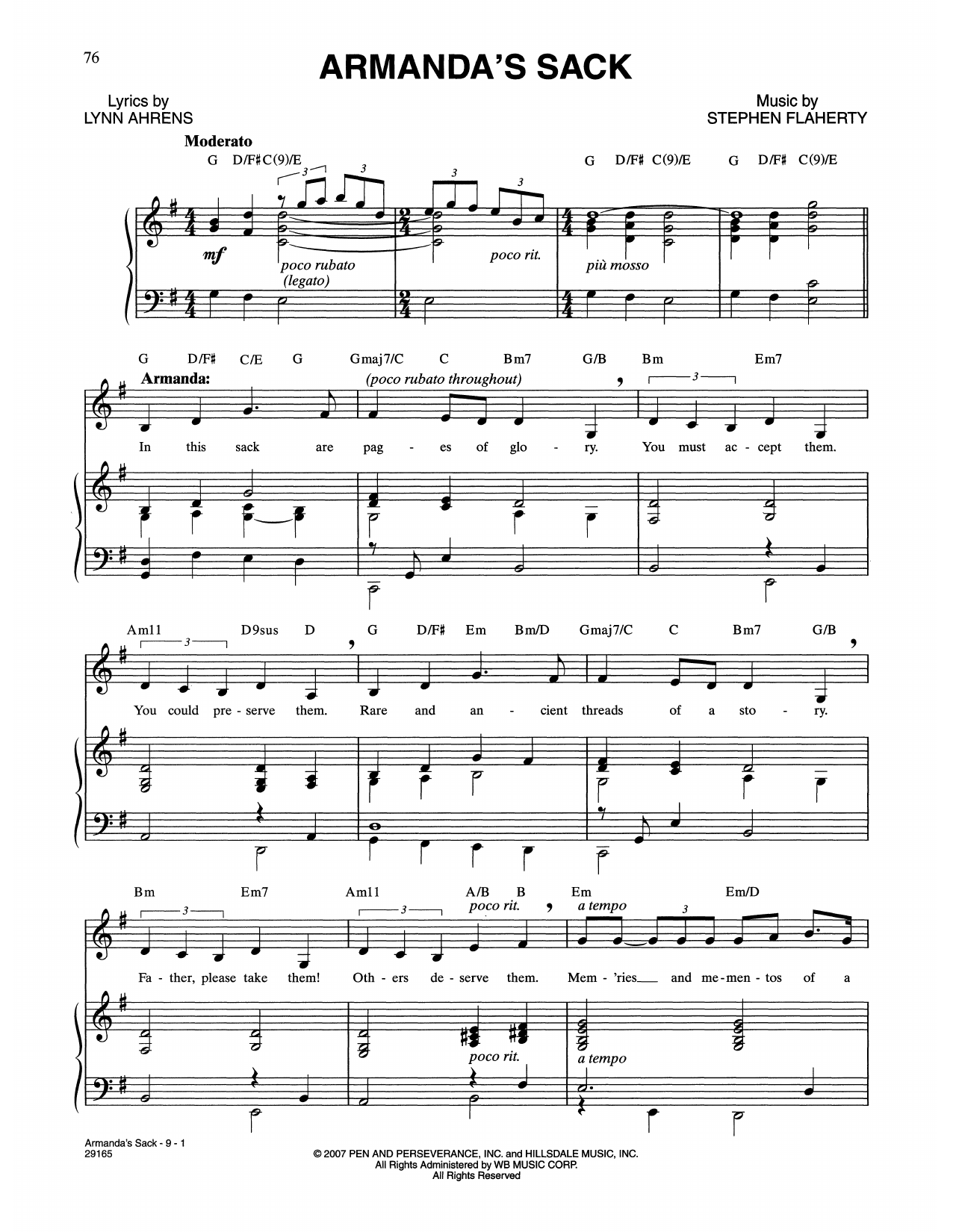 Lynn Ahrens and Stephen Flaherty Armanda's Sack (from The Glorious Ones) Sheet Music Notes & Chords for Piano & Vocal - Download or Print PDF