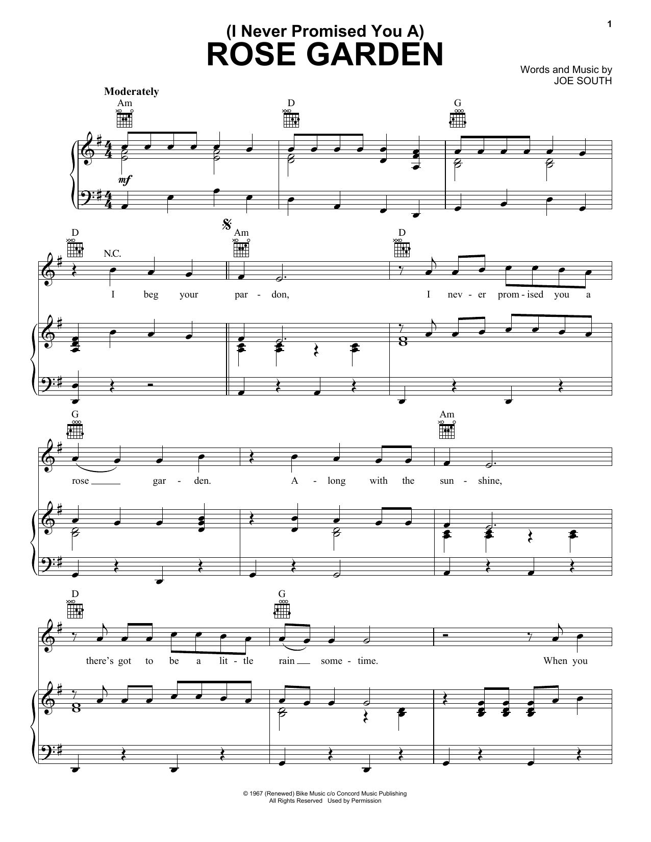 Lynn Anderson (I Never Promised You A) Rose Garden Sheet Music Notes & Chords for Easy Piano - Download or Print PDF