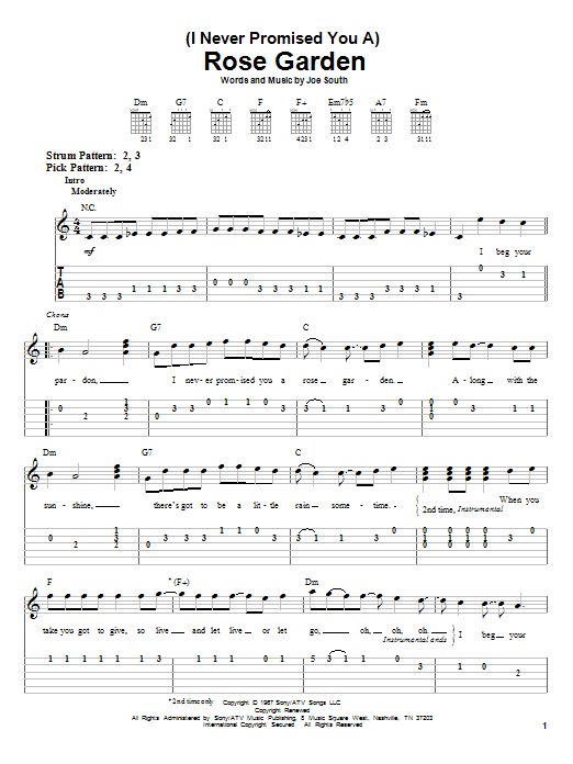 Lynn Anderson Rose Garden Sheet Music Notes & Chords for Easy Guitar Tab - Download or Print PDF