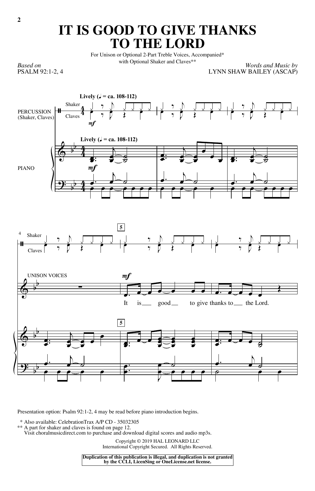 Lynn Shaw Bailey It Is Good To Give Thanks To The Lord Sheet Music Notes & Chords for Choral - Download or Print PDF