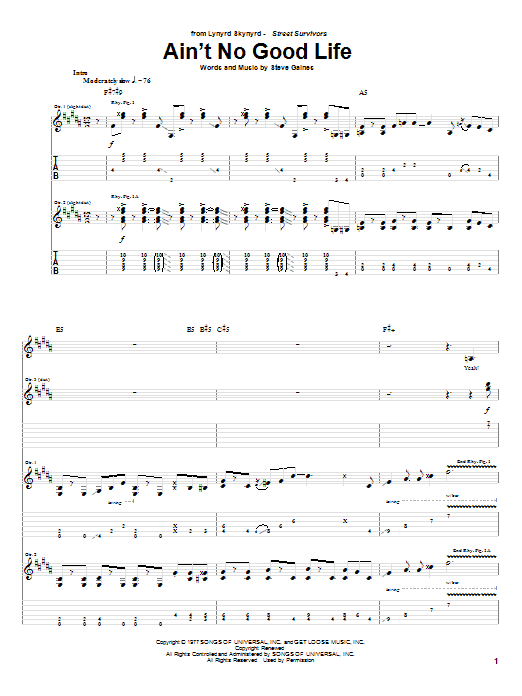 Lynyrd Skynyrd Ain't No Good Life Sheet Music Notes & Chords for Guitar Tab - Download or Print PDF