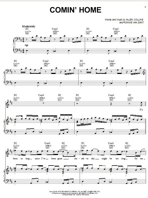 Lynyrd Skynyrd Comin' Home Sheet Music Notes & Chords for Piano, Vocal & Guitar (Right-Hand Melody) - Download or Print PDF
