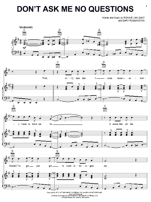 Lynyrd Skynyrd Don't Ask Me No Questions Sheet Music Notes & Chords for Guitar Tab Play-Along - Download or Print PDF