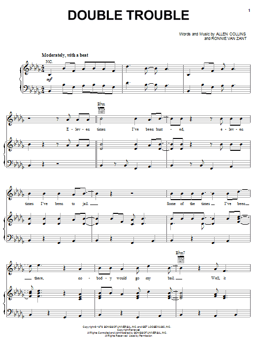 Lynyrd Skynyrd Double Trouble Sheet Music Notes & Chords for Piano, Vocal & Guitar (Right-Hand Melody) - Download or Print PDF