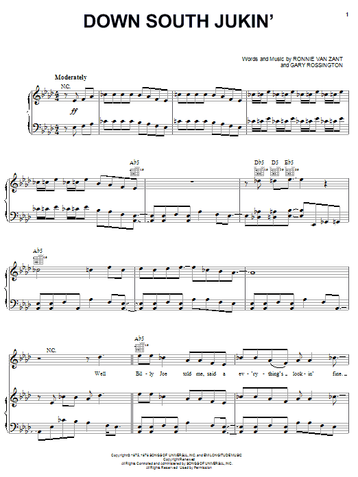 Lynyrd Skynyrd Down South Jukin' Sheet Music Notes & Chords for Piano, Vocal & Guitar (Right-Hand Melody) - Download or Print PDF