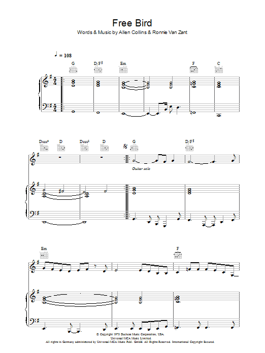 Lynyrd Skynyrd Free Bird Sheet Music Notes & Chords for Melody Line, Lyrics & Chords - Download or Print PDF