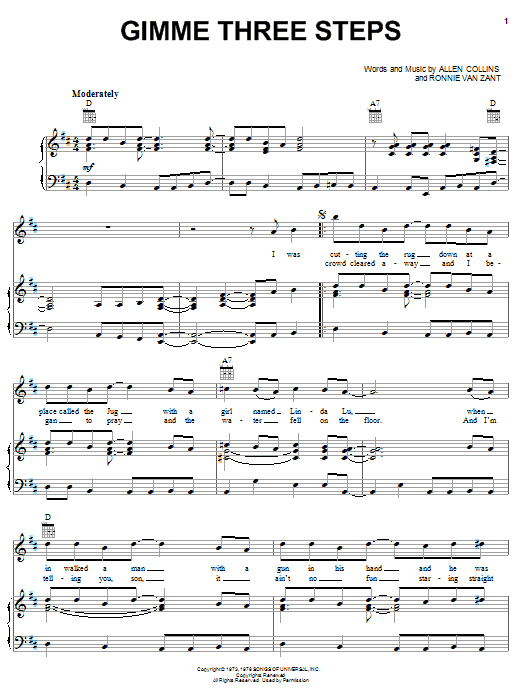 Lynyrd Skynyrd Gimme Three Steps Sheet Music Notes & Chords for Piano, Vocal & Guitar (Right-Hand Melody) - Download or Print PDF