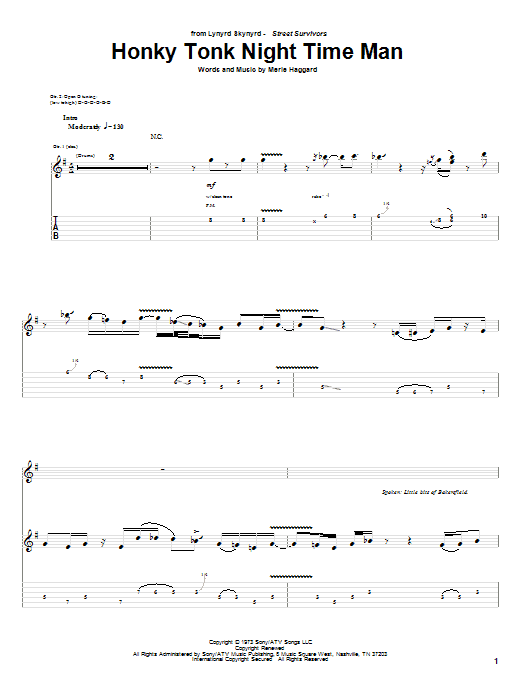 Lynyrd Skynyrd Honky Tonk Night Time Man Sheet Music Notes & Chords for Guitar Tab - Download or Print PDF