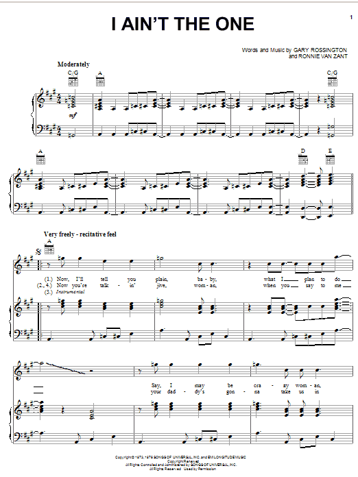 Lynyrd Skynyrd I Ain't The One Sheet Music Notes & Chords for Piano, Vocal & Guitar (Right-Hand Melody) - Download or Print PDF