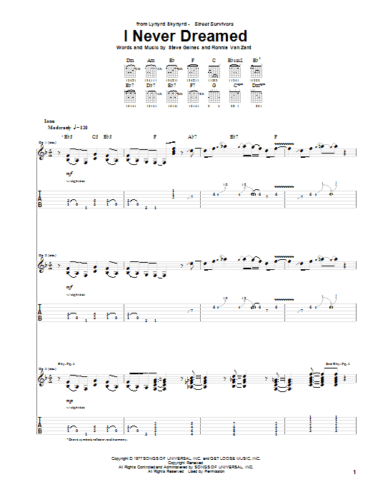 Lynyrd Skynyrd I Never Dreamed Sheet Music Notes & Chords for Guitar Tab - Download or Print PDF