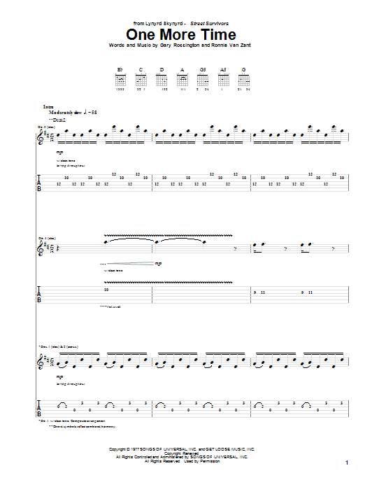 Lynyrd Skynyrd One More Time Sheet Music Notes & Chords for Guitar Tab - Download or Print PDF