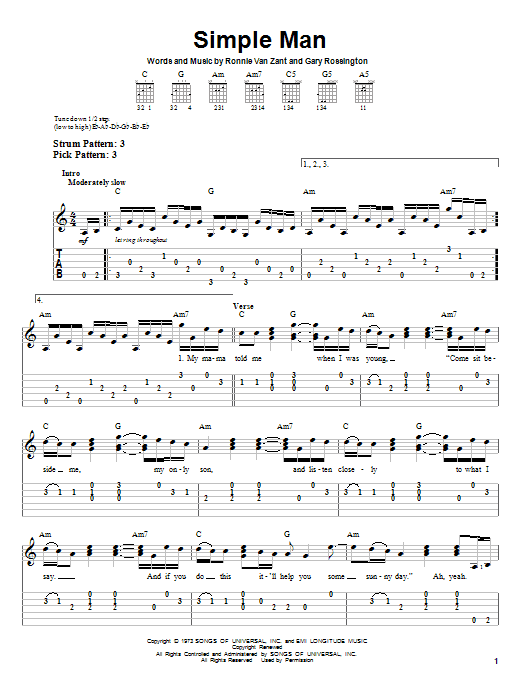 Lynyrd Skynyrd Simple Man Sheet Music Notes & Chords for Bass Guitar Tab - Download or Print PDF