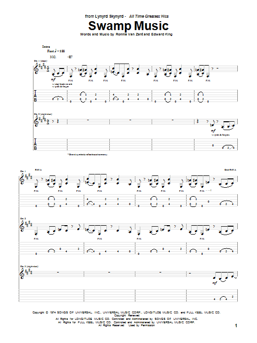 Lynyrd Skynyrd Swamp Music Sheet Music Notes & Chords for Bass Guitar Tab - Download or Print PDF