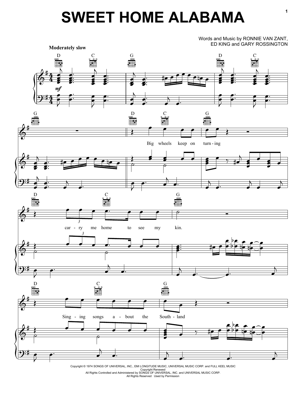 Lynyrd Skynyrd Sweet Home Alabama Sheet Music Notes & Chords for Piano, Vocal & Guitar (Right-Hand Melody) - Download or Print PDF