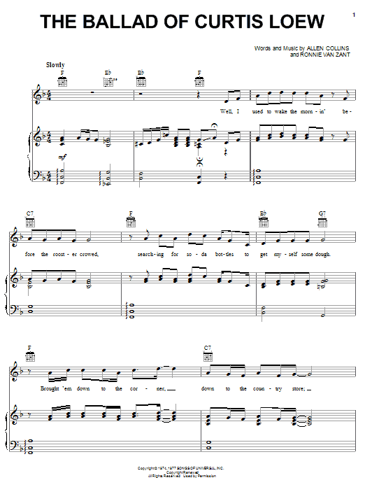 Lynyrd Skynyrd The Ballad Of Curtis Loew Sheet Music Notes & Chords for Piano, Vocal & Guitar (Right-Hand Melody) - Download or Print PDF