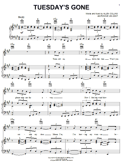 Lynyrd Skynyrd Tuesday's Gone Sheet Music Notes & Chords for Easy Guitar Tab - Download or Print PDF