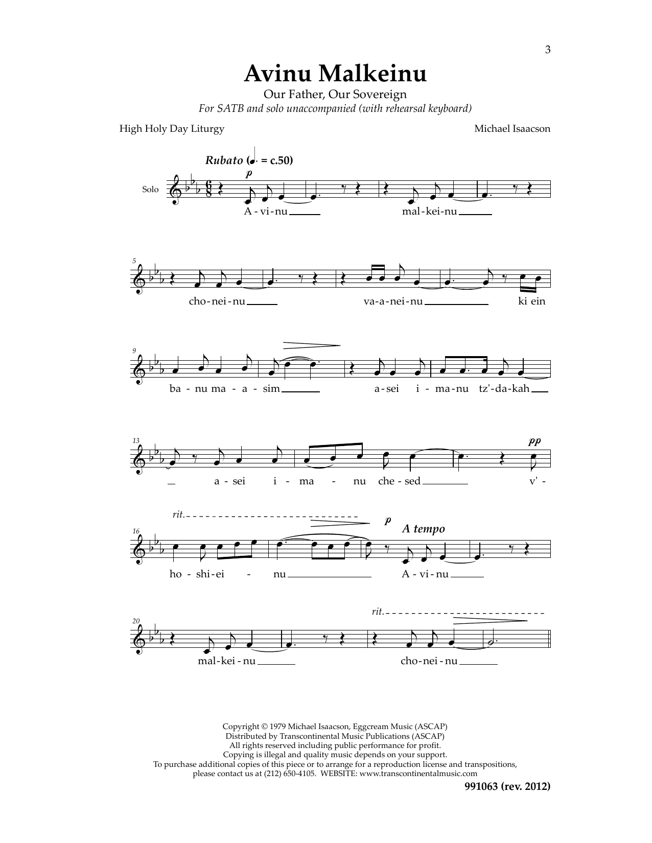 M Isaacson Avinu Malkeinu Cantor Sheet Music Notes & Chords for SATB - Download or Print PDF