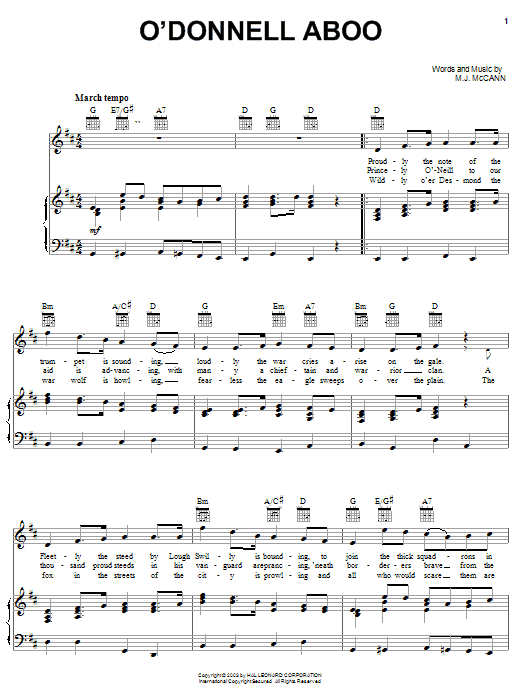 M. J. McCann O'Donnell Aboo Sheet Music Notes & Chords for Piano, Vocal & Guitar (Right-Hand Melody) - Download or Print PDF