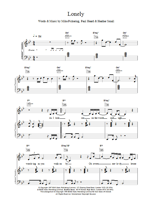 M People Lonely Sheet Music Notes & Chords for Piano, Vocal & Guitar (Right-Hand Melody) - Download or Print PDF