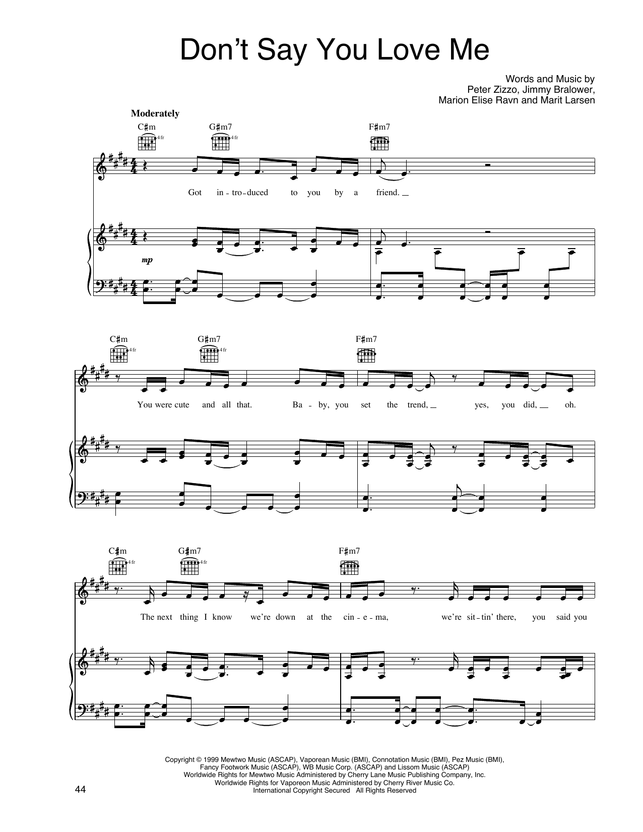 M2M Don't Say You Love Me Sheet Music Notes & Chords for Piano, Vocal & Guitar Chords (Right-Hand Melody) - Download or Print PDF