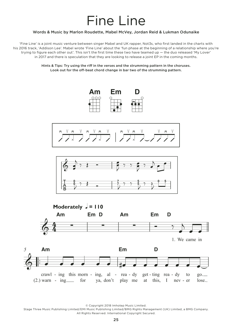 Mabel and Not3s Fine Line Sheet Music Notes & Chords for Ukulele - Download or Print PDF