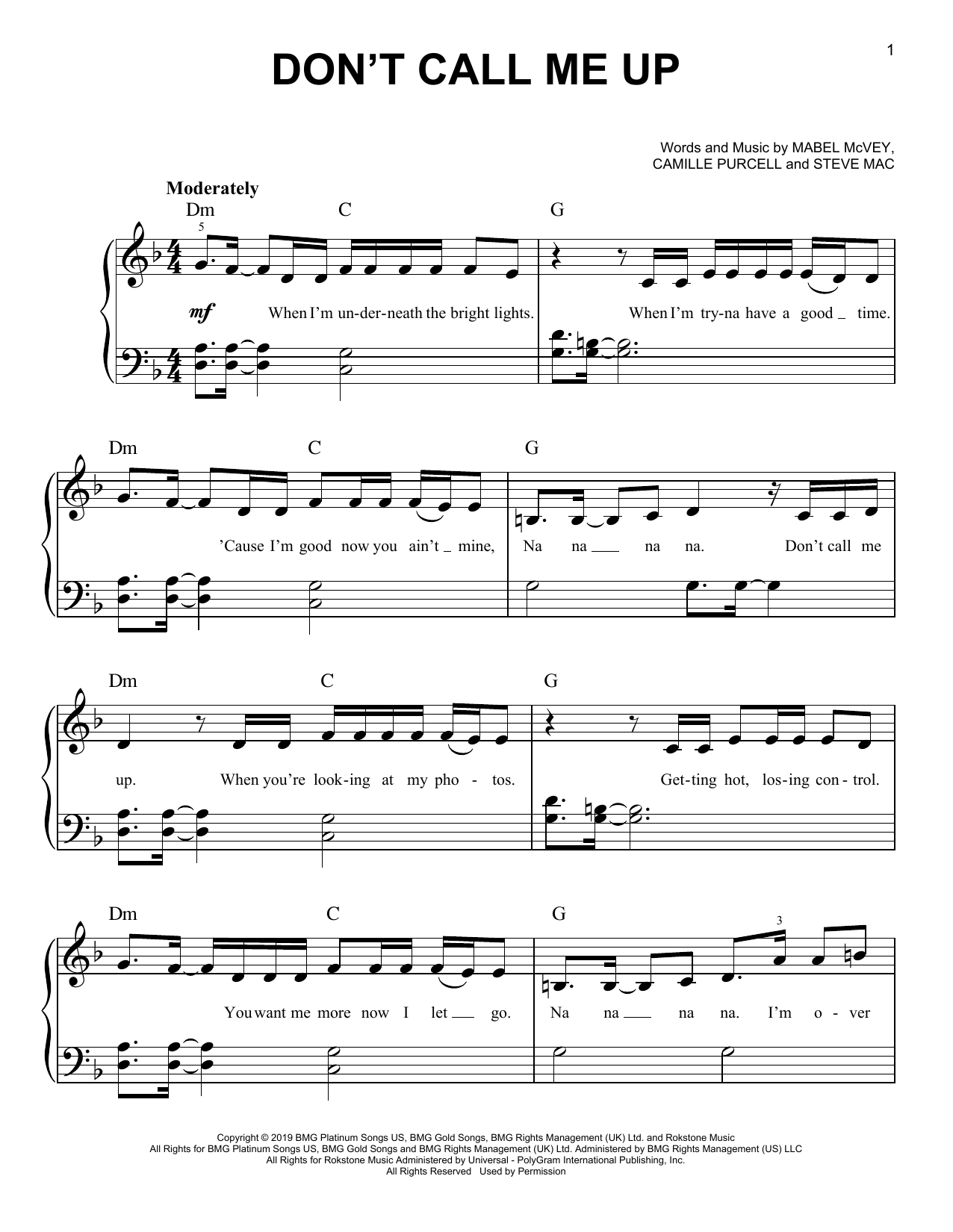 Mabel Don't Call Me Up Sheet Music Notes & Chords for Really Easy Piano - Download or Print PDF