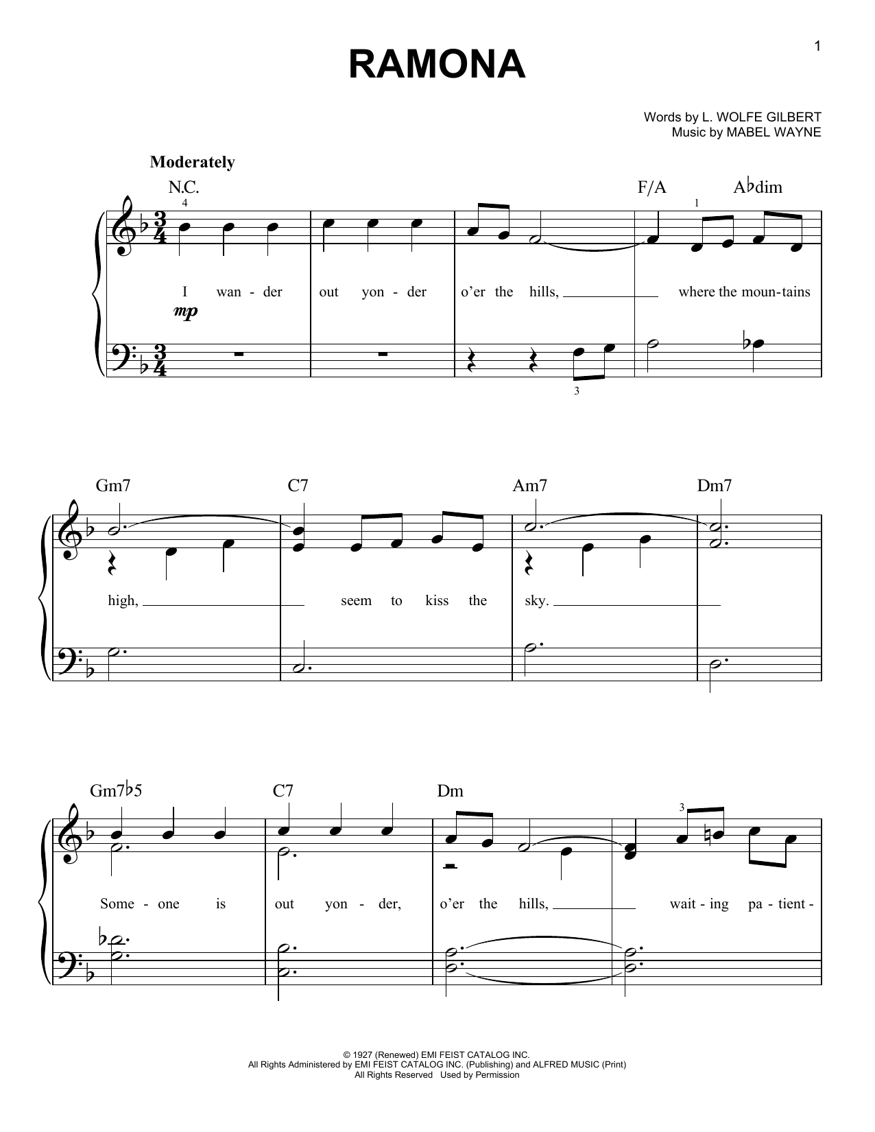 Mabel Wayne Ramona Sheet Music Notes & Chords for Easy Piano - Download or Print PDF