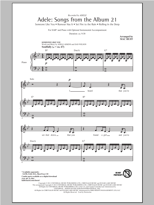 Mac Huff Adele: Songs From The Album 21 (Medley) Sheet Music Notes & Chords for SSA - Download or Print PDF