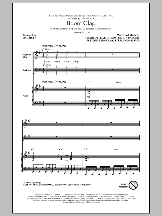 Charli XCX Boom Clap (arr. Mac Huff) Sheet Music Notes & Chords for 2-Part Choir - Download or Print PDF
