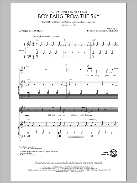 U2 Boy Falls From The Sky (arr. Mac Huff) Sheet Music Notes & Chords for 2-Part Choir - Download or Print PDF