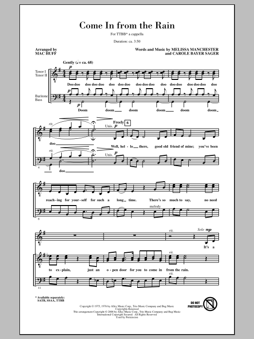 The Captain & Tennille Come In From The Rain (arr. Mac Huff) Sheet Music Notes & Chords for TTBB - Download or Print PDF