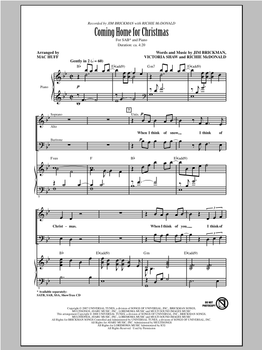 Jim Brickman Coming Home For Christmas (arr. Mac Huff) Sheet Music Notes & Chords for SSA - Download or Print PDF