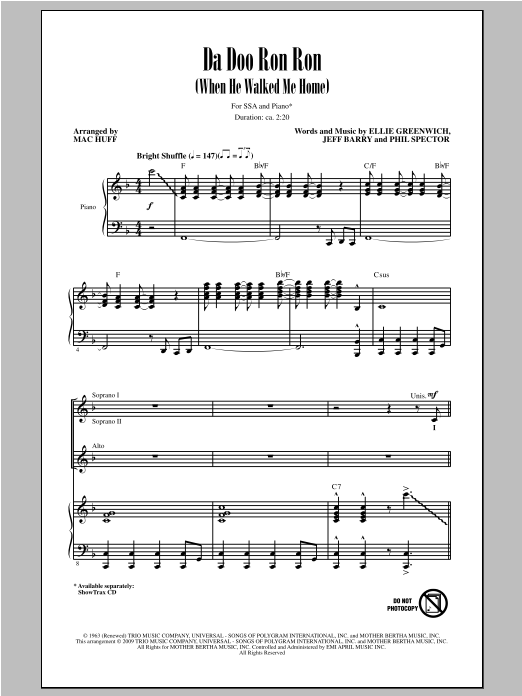 Mac Huff Da Doo Ron Ron (When He Walked Me Home) Sheet Music Notes & Chords for SSA - Download or Print PDF