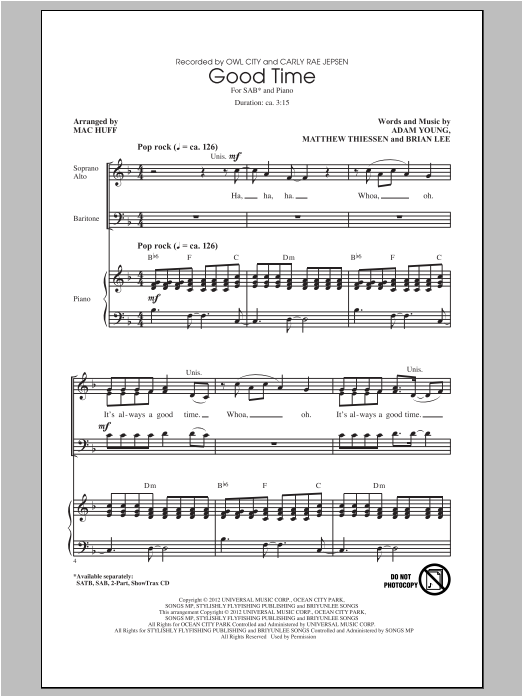 Owl City Good Time (arr. Mac Huff) (feat. Carly Rae Jepsen) Sheet Music Notes & Chords for SATB - Download or Print PDF