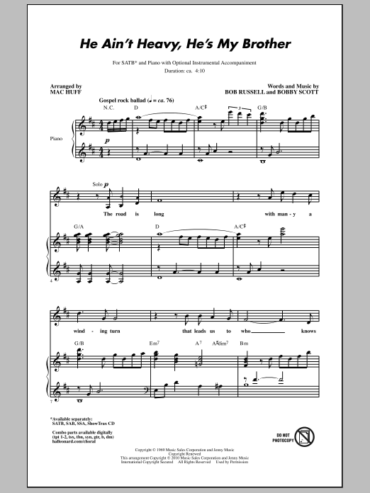 Mac Huff He Ain't Heavy, He's My Brother Sheet Music Notes & Chords for SATB - Download or Print PDF