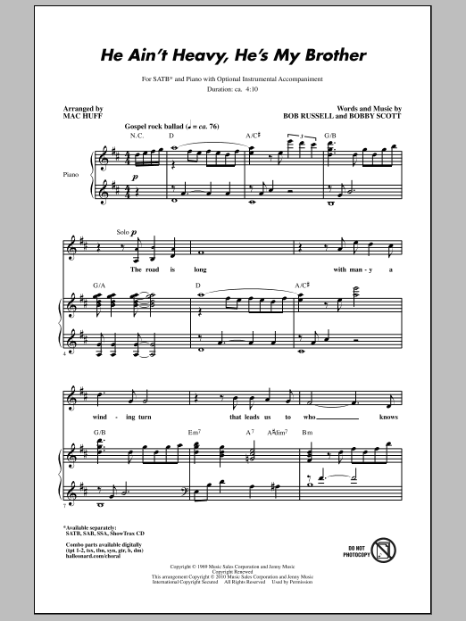 Mac Huff He Ain't Heavy, He's My Brother Sheet Music Notes & Chords for SSA - Download or Print PDF