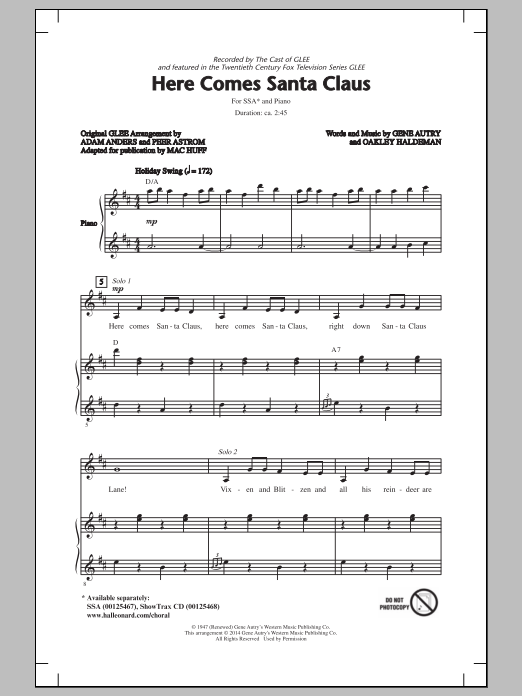 Mac Huff Here Comes Santa Claus (Right Down Santa Claus Lane) Sheet Music Notes & Chords for SSA - Download or Print PDF