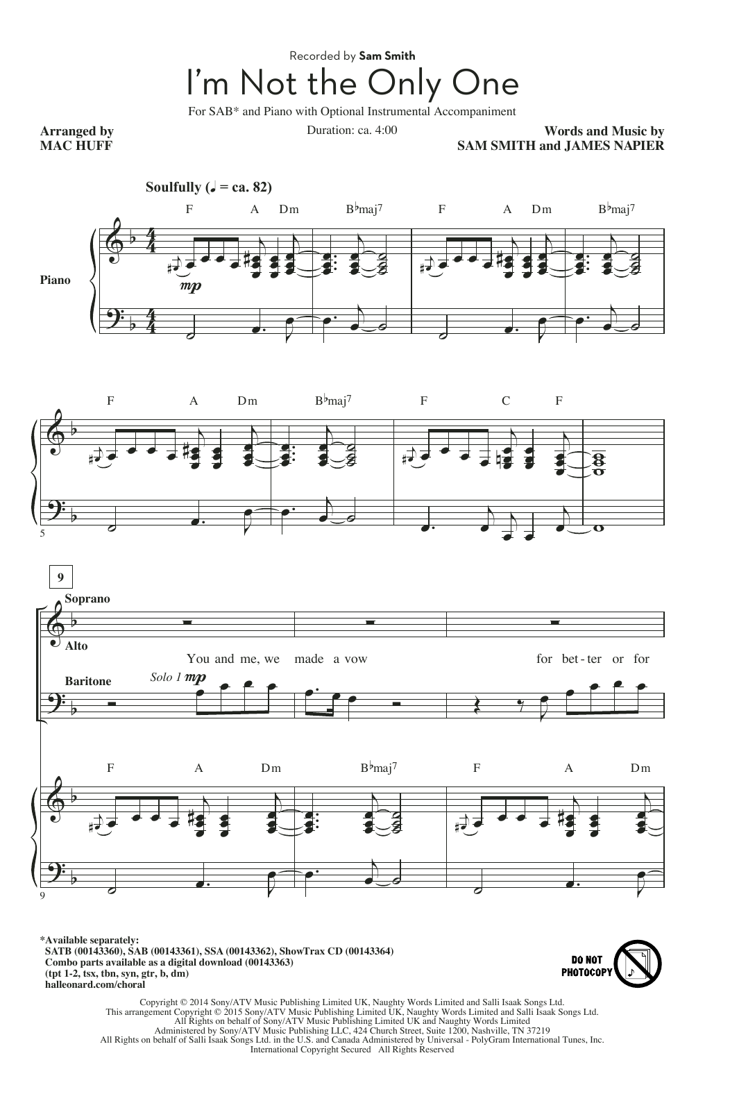 Sam Smith I'm Not The Only One (arr. Mac Huff) Sheet Music Notes & Chords for SATB - Download or Print PDF