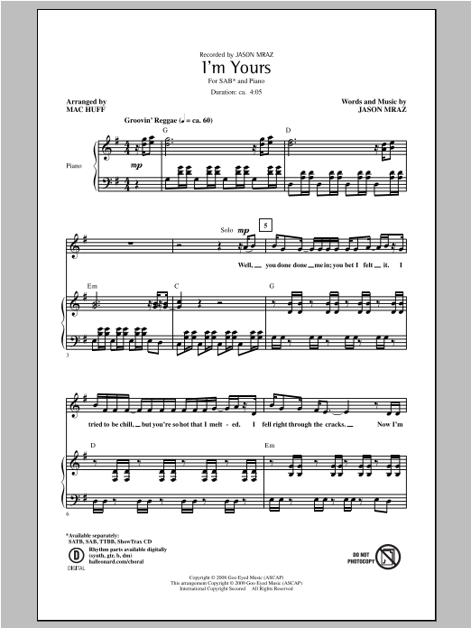Jason Mraz I'm Yours (arr. Mac Huff) Sheet Music Notes & Chords for SAB - Download or Print PDF