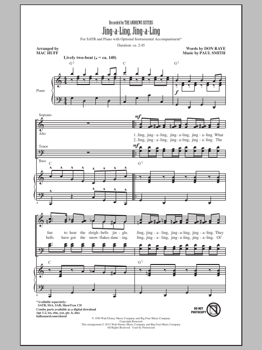 The Andrews Sisters Jing-A-Ling, Jing-A-Ling (arr. Mac Huff) Sheet Music Notes & Chords for SATB - Download or Print PDF