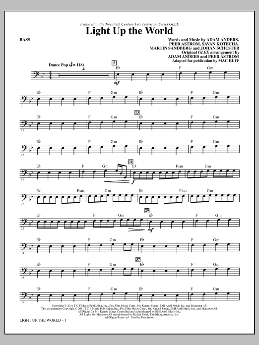 Mac Huff Light Up The World - Bass Sheet Music Notes & Chords for Choir Instrumental Pak - Download or Print PDF