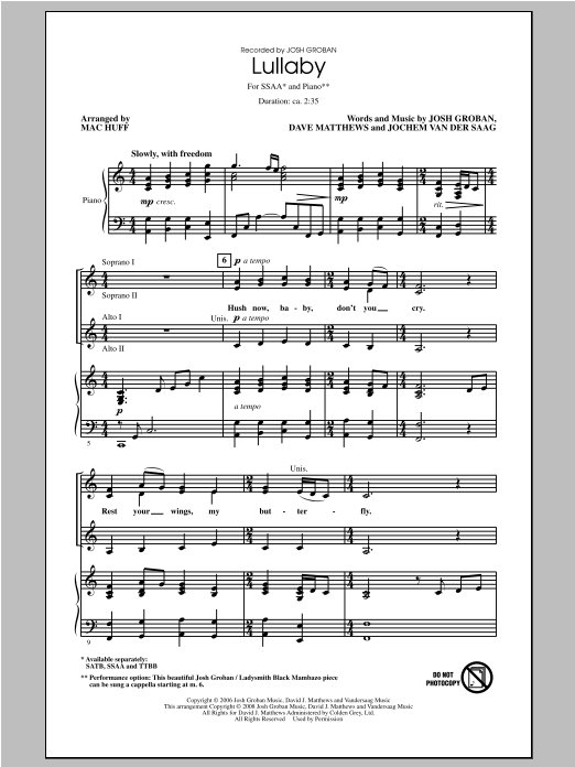 Josh Groban Lullaby (arr. Mac Huff) Sheet Music Notes & Chords for SATB - Download or Print PDF