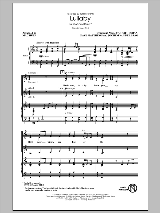 Josh Groban Lullaby (arr. Mac Huff) Sheet Music Notes & Chords for TTBB - Download or Print PDF