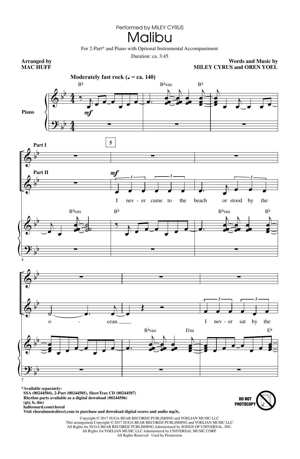 Mac Huff Malibu Sheet Music Notes & Chords for 2-Part Choir - Download or Print PDF