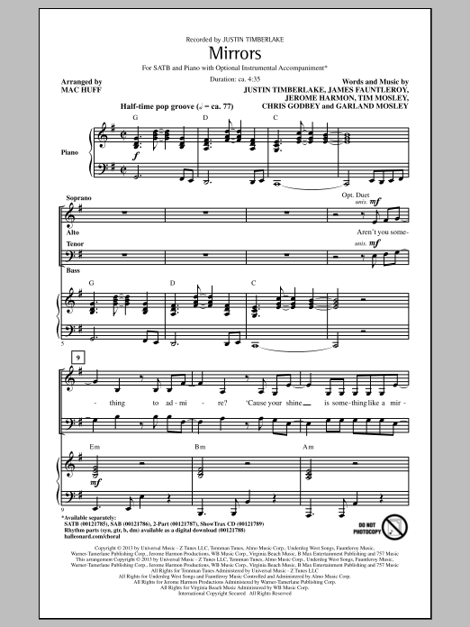 Justin Timberlake Mirrors (arr. Mac Huff) Sheet Music Notes & Chords for SAB - Download or Print PDF