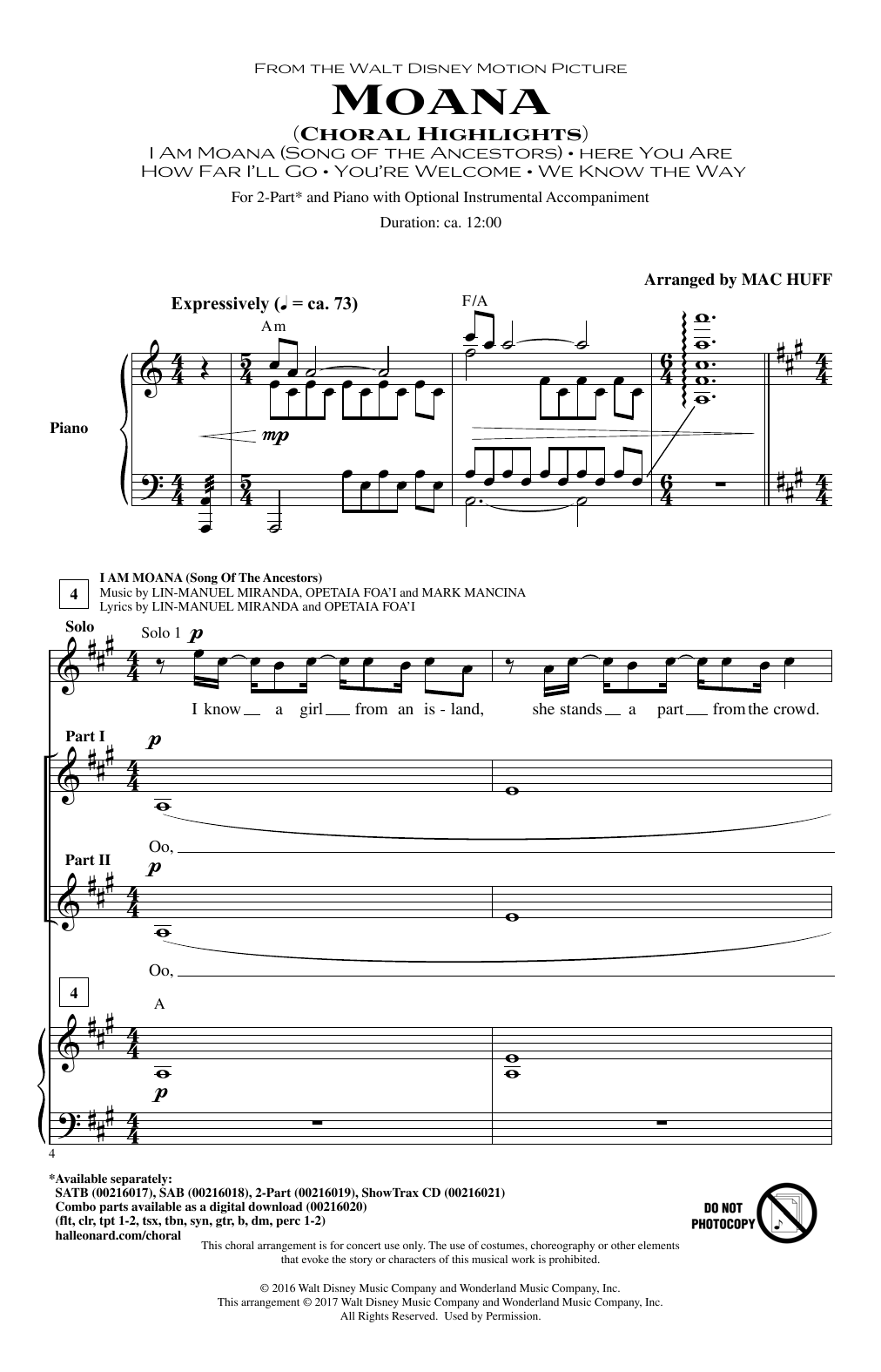 Mac Huff Moana (Choral Highlights) Sheet Music Notes & Chords for 2-Part Choir - Download or Print PDF