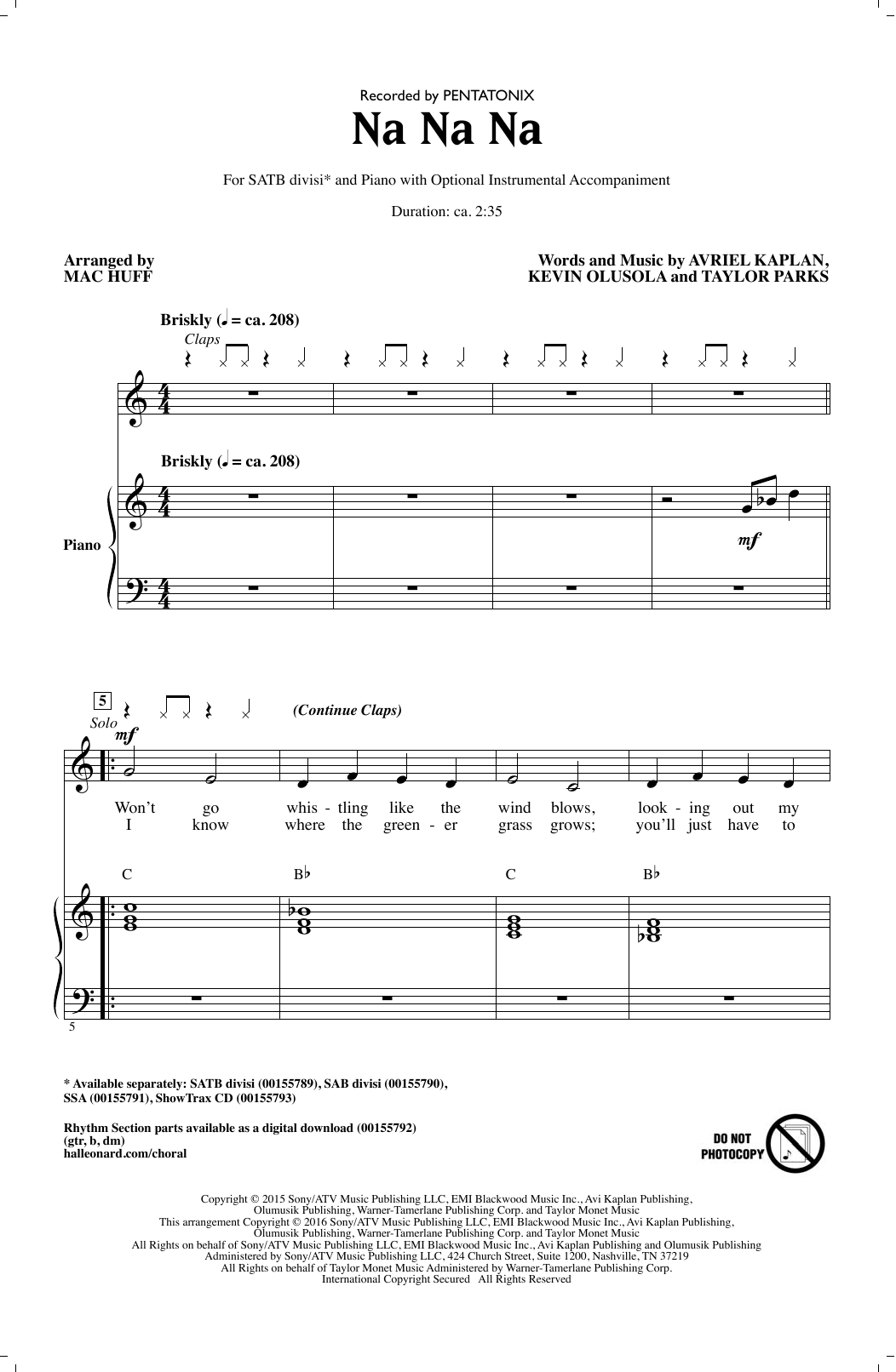 Pentatonix Na Na Na (arr. Mac Huff) Sheet Music Notes & Chords for SATB - Download or Print PDF