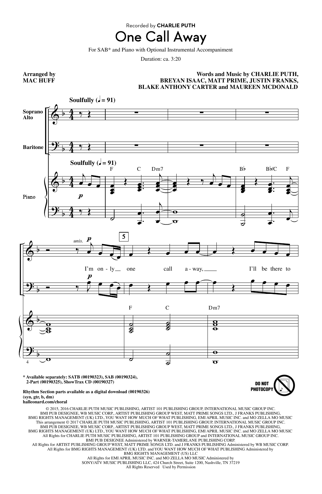Mac Huff One Call Away Sheet Music Notes & Chords for SATB - Download or Print PDF