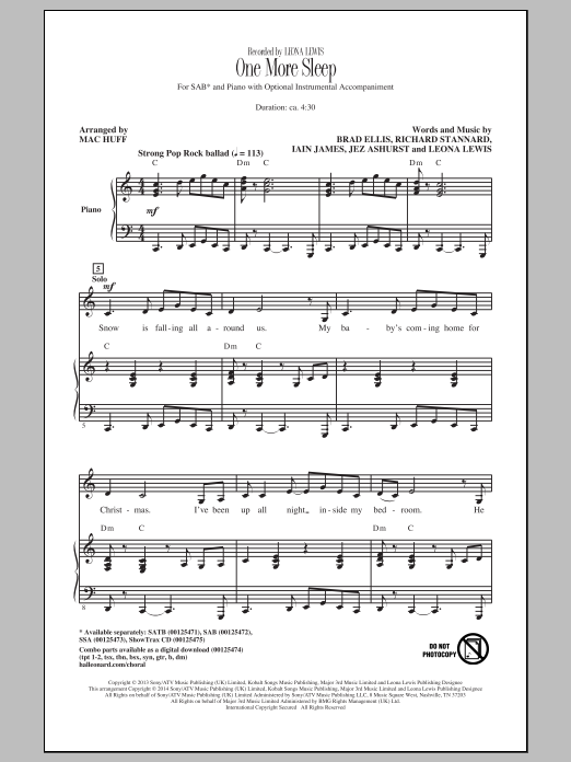 Leona Lewis One More Sleep (arr. Mac Huff) Sheet Music Notes & Chords for SATB - Download or Print PDF