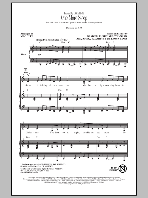 Leona Lewis One More Sleep (arr. Mac Huff) Sheet Music Notes & Chords for SAB - Download or Print PDF